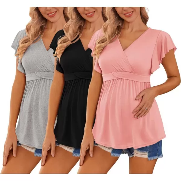 Ekouaer Womens Maternity Shirts 3 Packs Flying Short Sleeve Nursing Tops V Neck Breastfeeding Tees Pregnancy ClothesLight Greyblackorange Pink3pcs