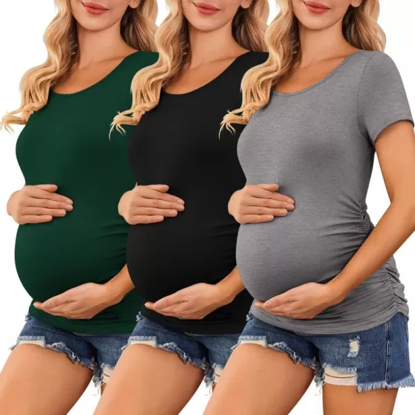 Ekouaer Womens Maternity Shirts 3 Packs Side Ruched Pregnancy Tee Top Tunic Blouse Casual Mama Clothes SXXL3pcs Black  Green  Dark Grey