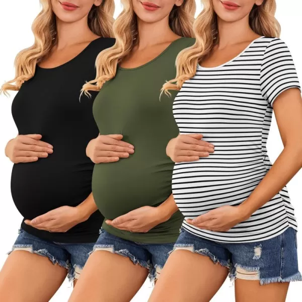 Ekouaer Womens Maternity Shirts 3 Packs Side Ruched Pregnancy Tee Top Tunic Blouse Casual Mama Clothes SXXL3pcs Black  White Stripe  Army Green