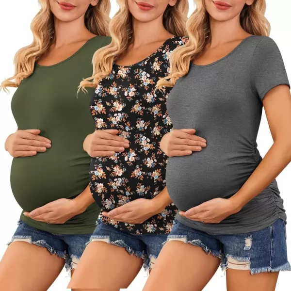 Ekouaer Womens Maternity Shirts 3 Packs Side Ruched Pregnancy Tee Top Tunic Blouse Casual Mama Clothes SXXL3pcs Floral Black  Army Green  Dark Grey