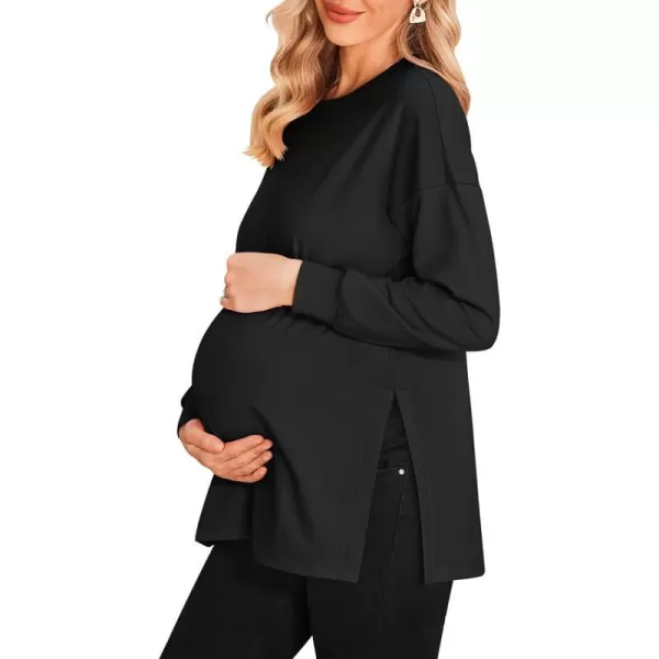 Ekouaer Womens Maternity Shirts Long Sleeve Split Side Pregnancy Tee Top Tunic Blouse Casual Mama ClothesBlack