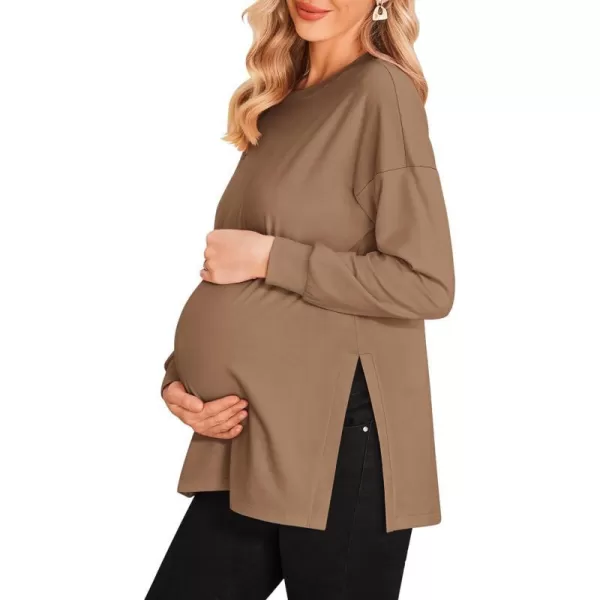 Ekouaer Womens Maternity Shirts Long Sleeve Split Side Pregnancy Tee Top Tunic Blouse Casual Mama ClothesBrown