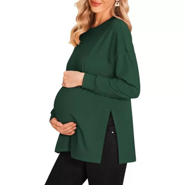 Ekouaer Womens Maternity Shirts Long Sleeve Split Side Pregnancy Tee Top Tunic Blouse Casual Mama ClothesDark Green