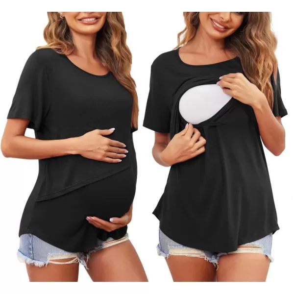 Ekouaer Womens Maternity Shirts Short Sleeves Nursing Tops 3 Pack Double Laye Breastfeeding Tees Pregnancy Clothes SXXLB1pcs Black