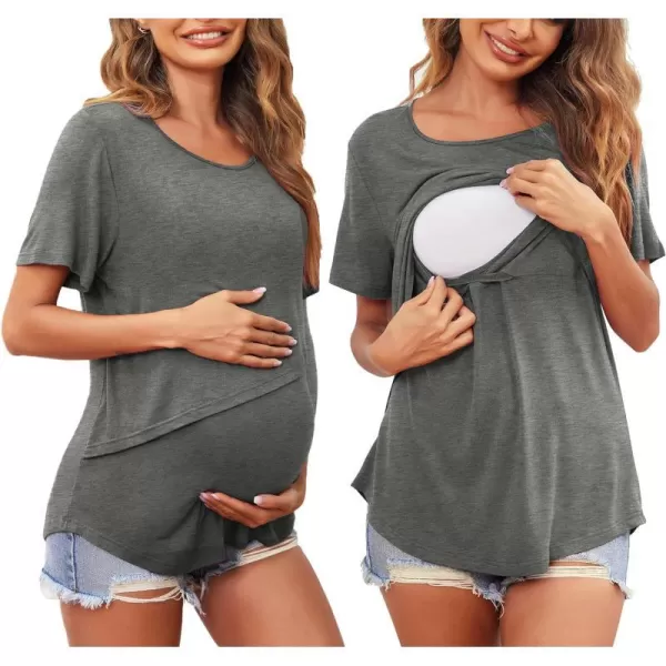 Ekouaer Womens Maternity Shirts Short Sleeves Nursing Tops 3 Pack Double Laye Breastfeeding Tees Pregnancy Clothes SXXLB1pcs Grey