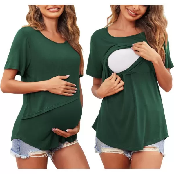 Ekouaer Womens Maternity Shirts Short Sleeves Nursing Tops 3 Pack Double Laye Breastfeeding Tees Pregnancy Clothes SXXLB1pcs Lake Green