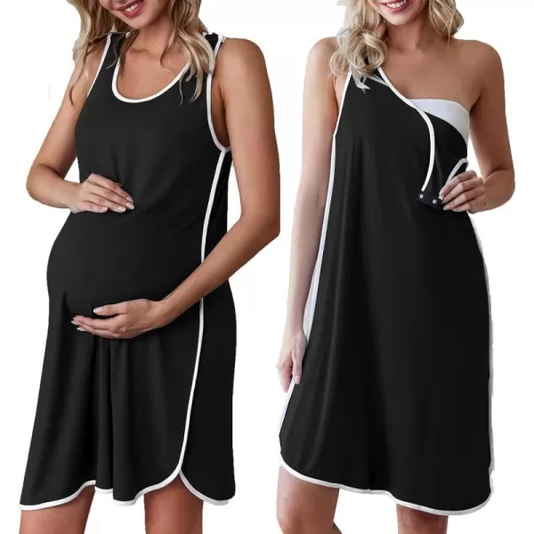 Ekouaer Womens Maternity Sleeveless Dress Striped Nightgown Pregnancy Gown for BreastfeedingAblack