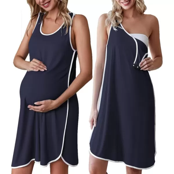 Ekouaer Womens Maternity Sleeveless Dress Striped Nightgown Pregnancy Gown for BreastfeedingAnavy Blue