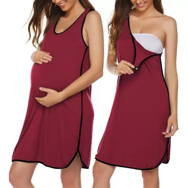 Ekouaer Womens Maternity Sleeveless Dress Striped Nightgown Pregnancy Gown for BreastfeedingAwine Red