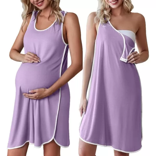 Ekouaer Womens Maternity Sleeveless Dress Striped Nightgown Pregnancy Gown for BreastfeedingLilac