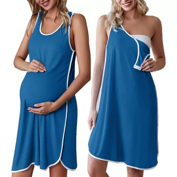 Ekouaer Womens Maternity Sleeveless Dress Striped Nightgown Pregnancy Gown for BreastfeedingPeacock Blue