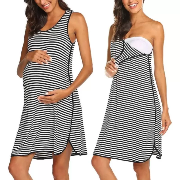 Ekouaer Womens Maternity Sleeveless Dress Striped Nightgown Pregnancy Gown for BreastfeedingStripe1