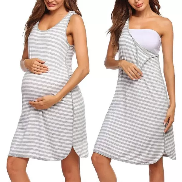 Ekouaer Womens Maternity Sleeveless Dress Striped Nightgown Pregnancy Gown for BreastfeedingStripe11