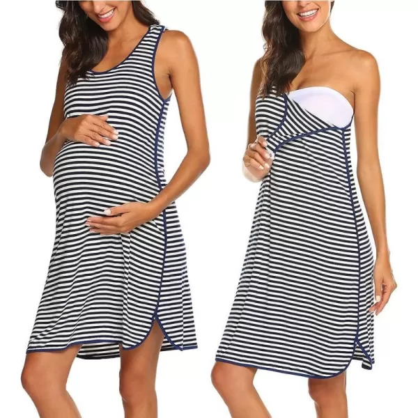 Ekouaer Womens Maternity Sleeveless Dress Striped Nightgown Pregnancy Gown for BreastfeedingStripe2