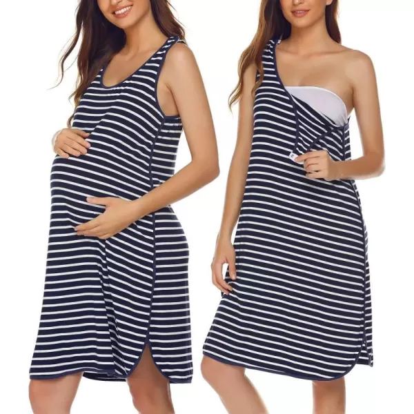 Ekouaer Womens Maternity Sleeveless Dress Striped Nightgown Pregnancy Gown for BreastfeedingStripe5