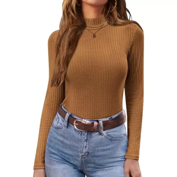 Ekouaer Womens Mock Turtleneck Long Sleeve Shirts Ribbed Knit Lightweight Pullover Sweater Stretch Fitted Thermal TopBrown