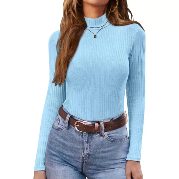 Ekouaer Womens Mock Turtleneck Long Sleeve Shirts Ribbed Knit Lightweight Pullover Sweater Stretch Fitted Thermal TopLight Blue