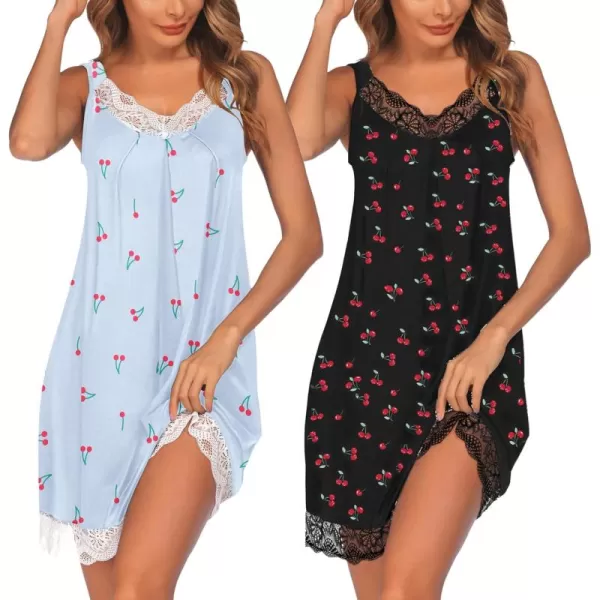 Ekouaer Womens Nightgown 2 Pack Nightgown V Neck Lace Sleepwear Sleeveless Chemise Womens nightgowns ampamp sleepshirts SXXLBlackblue Cherry