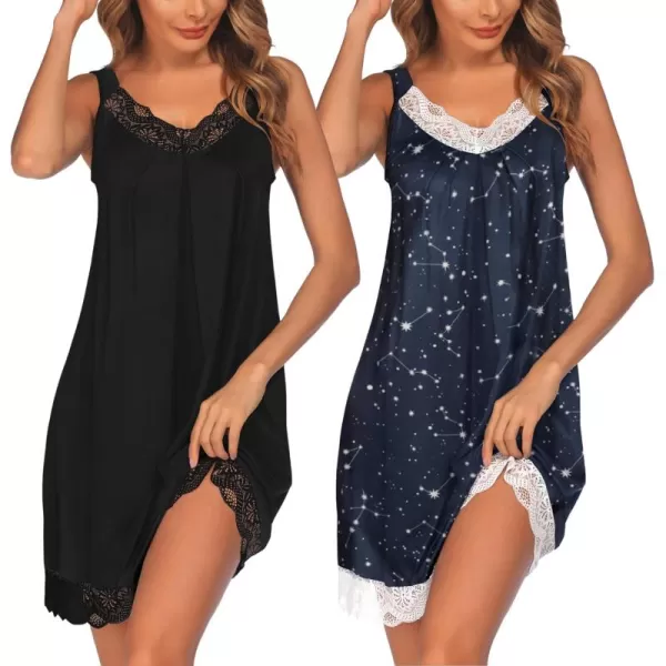 Ekouaer Womens Nightgown 2 Pack Nightgown V Neck Lace Sleepwear Sleeveless Chemise Womens nightgowns ampamp sleepshirts SXXLBlackblue Star