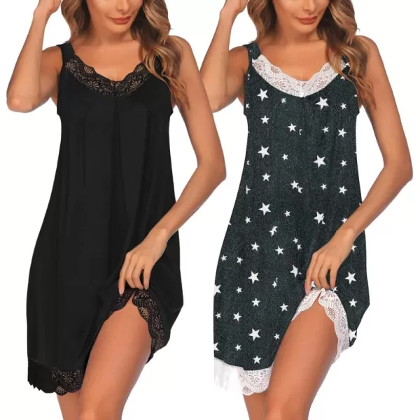 Ekouaer Womens Nightgown 2 Pack Nightgown V Neck Lace Sleepwear Sleeveless Chemise Womens nightgowns ampamp sleepshirts SXXLBlackgrey Star