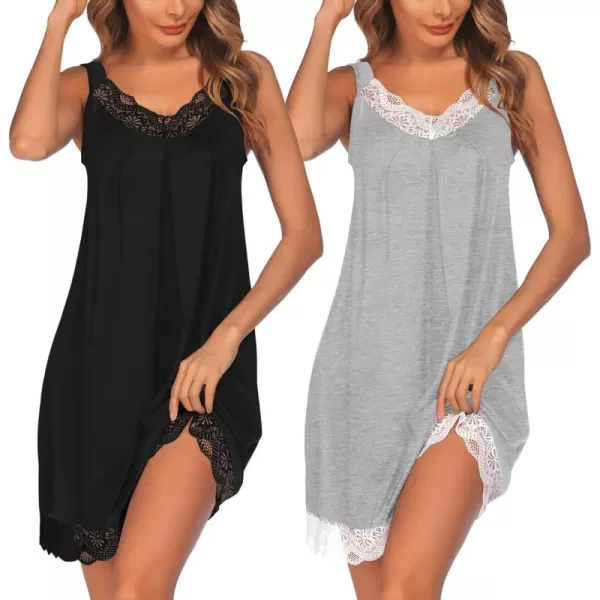 Ekouaer Womens Nightgown 2 Pack Nightgown V Neck Lace Sleepwear Sleeveless Chemise Womens nightgowns ampamp sleepshirts SXXLBlacklight Grey