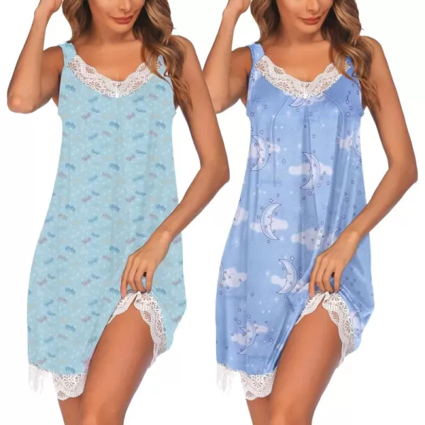 Ekouaer Womens Nightgown 2 Pack Nightgown V Neck Lace Sleepwear Sleeveless Chemise Womens nightgowns ampamp sleepshirts SXXLButterflyblue Moon Print