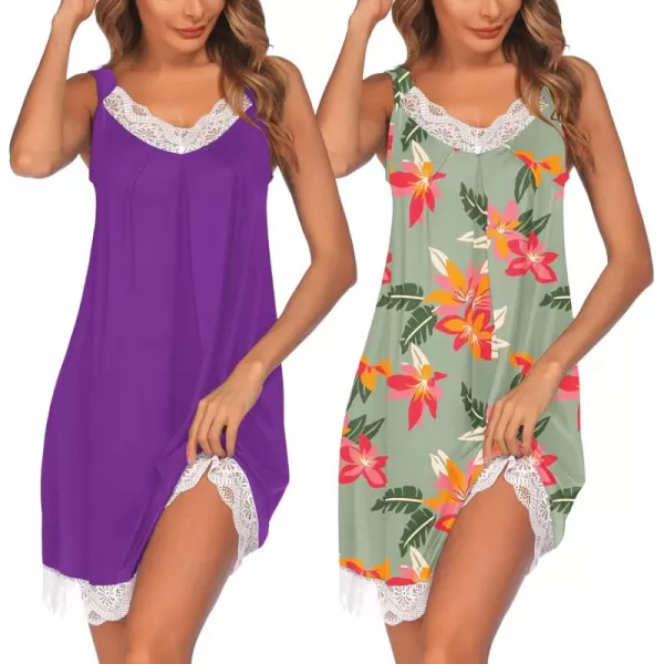 Ekouaer Womens Nightgown 2 Pack Nightgown V Neck Lace Sleepwear Sleeveless Chemise Womens nightgowns ampamp sleepshirts SXXLDeep Purplegreenflower