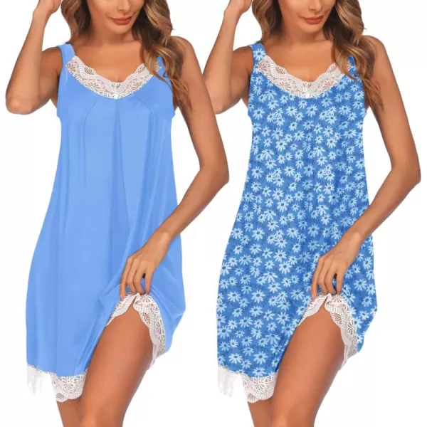 Ekouaer Womens Nightgown 2 Pack Nightgown V Neck Lace Sleepwear Sleeveless Chemise Womens nightgowns ampamp sleepshirts SXXLLight Blueblue Flower