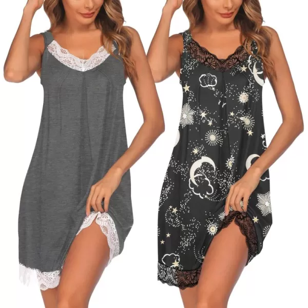 Ekouaer Womens Nightgown 2 Pack Nightgown V Neck Lace Sleepwear Sleeveless Chemise Womens nightgowns ampamp sleepshirts SXXLMid Greyblack Star