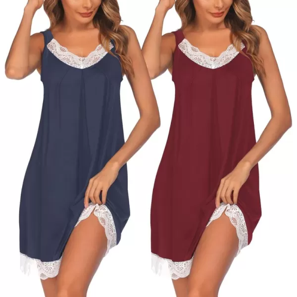 Ekouaer Womens Nightgown 2 Pack Nightgown V Neck Lace Sleepwear Sleeveless Chemise Womens nightgowns ampamp sleepshirts SXXLNavy Bluewine Red