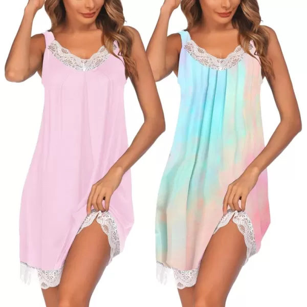 Ekouaer Womens Nightgown 2 Pack Nightgown V Neck Lace Sleepwear Sleeveless Chemise Womens nightgowns ampamp sleepshirts SXXLPinkblue Ttiedye