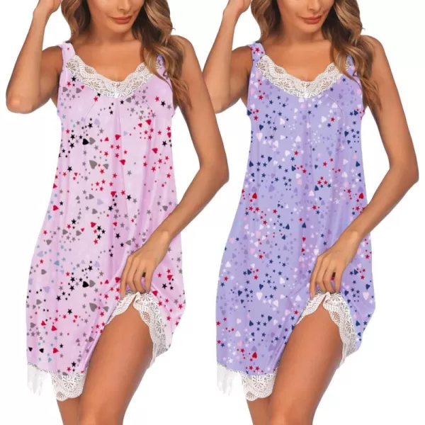 Ekouaer Womens Nightgown 2 Pack Nightgown V Neck Lace Sleepwear Sleeveless Chemise Womens nightgowns ampamp sleepshirts SXXLPurplepink Heart