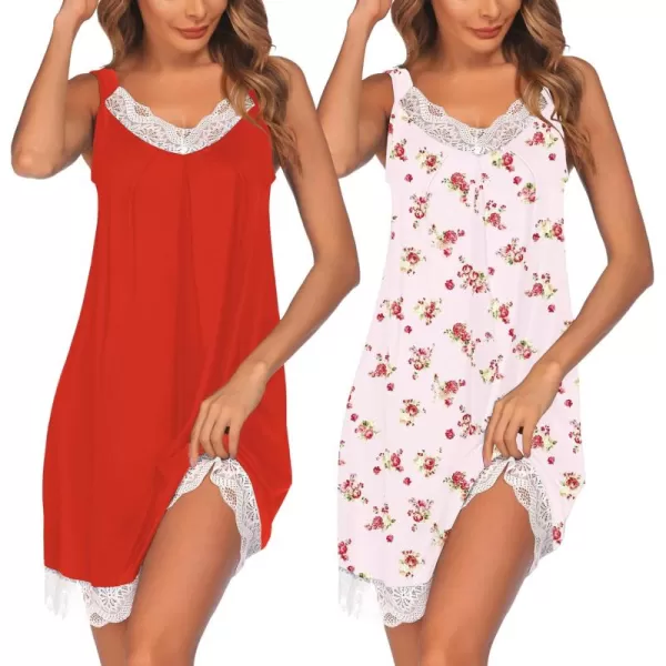 Ekouaer Womens Nightgown 2 Pack Nightgown V Neck Lace Sleepwear Sleeveless Chemise Womens nightgowns ampamp sleepshirts SXXLRedpink Rose