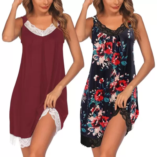 Ekouaer Womens Nightgown 2 Pack Nightgown V Neck Lace Sleepwear Sleeveless Chemise Womens nightgowns ampamp sleepshirts SXXLWine Redblack Flower