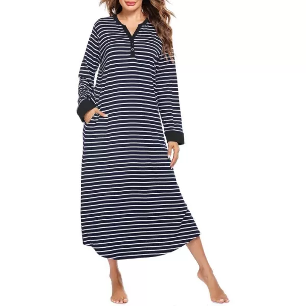 Ekouaer Womens Nightgown Long Loungewear V Neck Nightshirt Sleepwear Full Length Sleepshirt with PocketsAblack Stripe