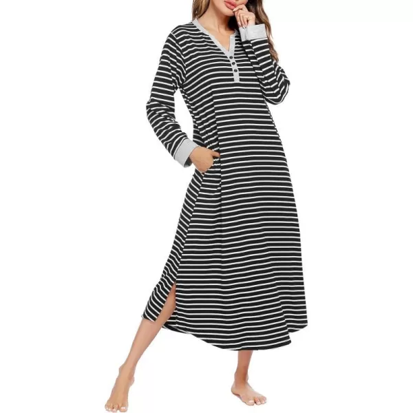 Ekouaer Womens Nightgown Long Loungewear V Neck Nightshirt Sleepwear Full Length Sleepshirt with PocketsAblack White Striped