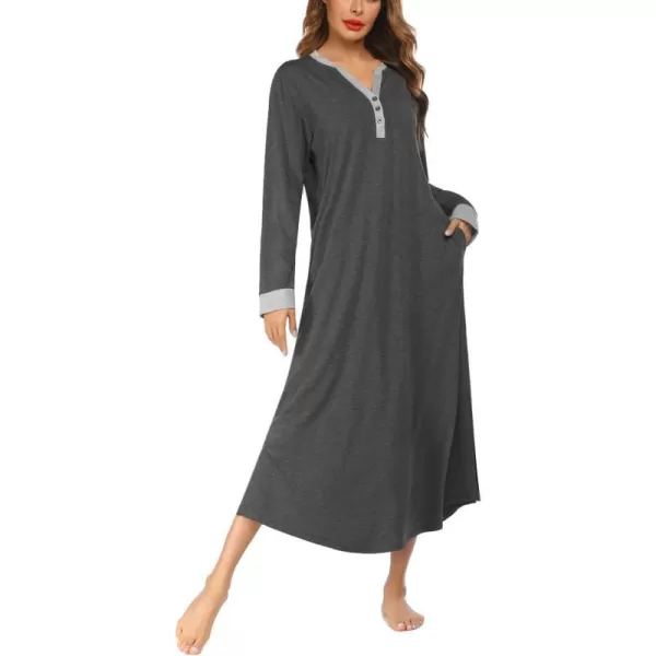 Ekouaer Womens Nightgown Long Loungewear V Neck Nightshirt Sleepwear Full Length Sleepshirt with PocketsAgrey