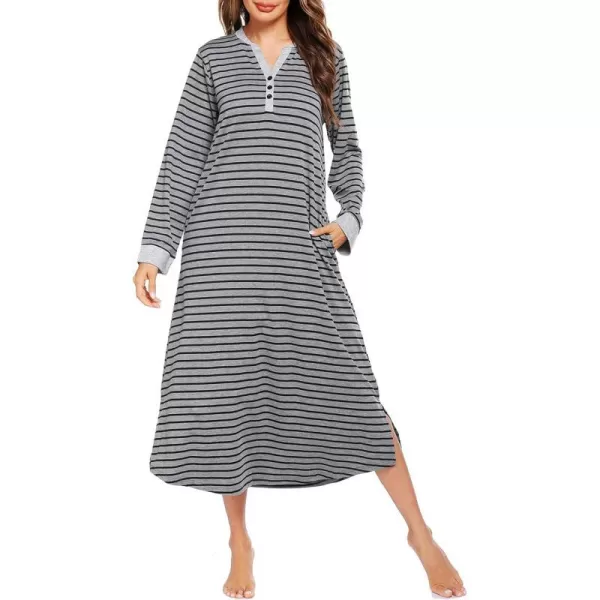 Ekouaer Womens Nightgown Long Loungewear V Neck Nightshirt Sleepwear Full Length Sleepshirt with PocketsAgrey Black Striped