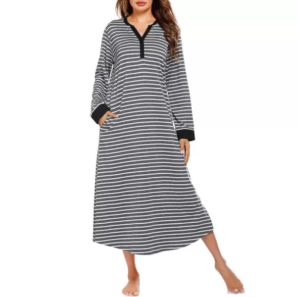 Ekouaer Womens Nightgown Long Loungewear V Neck Nightshirt Sleepwear Full Length Sleepshirt with PocketsAgrey White Striped