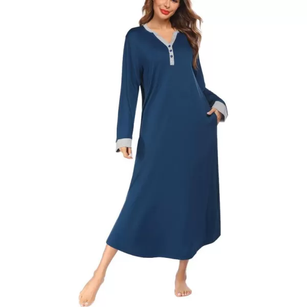 Ekouaer Womens Nightgown Long Loungewear V Neck Nightshirt Sleepwear Full Length Sleepshirt with PocketsAnavy