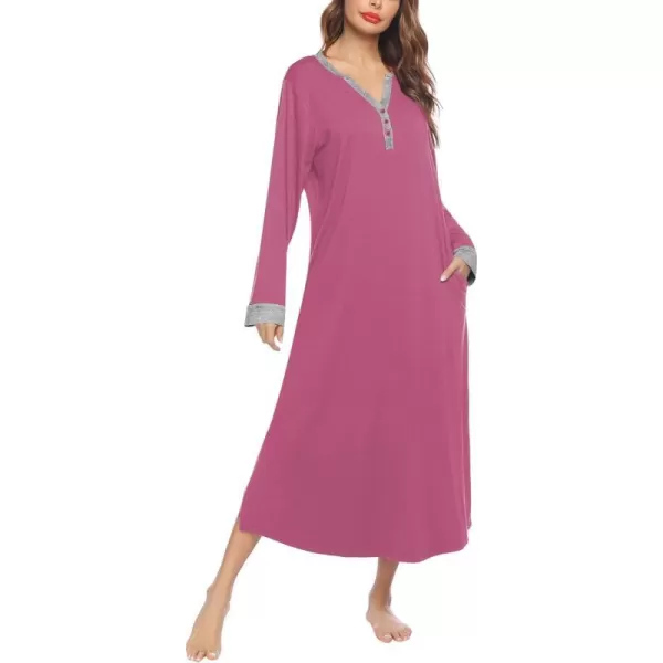 Ekouaer Womens Nightgown Long Loungewear V Neck Nightshirt Sleepwear Full Length Sleepshirt with PocketsApink Purple