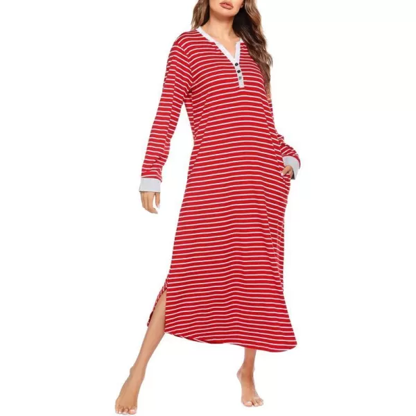 Ekouaer Womens Nightgown Long Loungewear V Neck Nightshirt Sleepwear Full Length Sleepshirt with PocketsAred Stripe