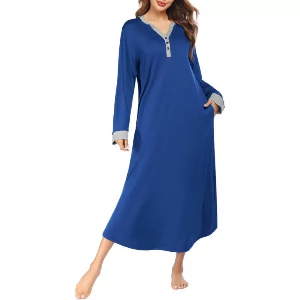 Ekouaer Womens Nightgown Long Loungewear V Neck Nightshirt Sleepwear Full Length Sleepshirt with PocketsAsky Blue