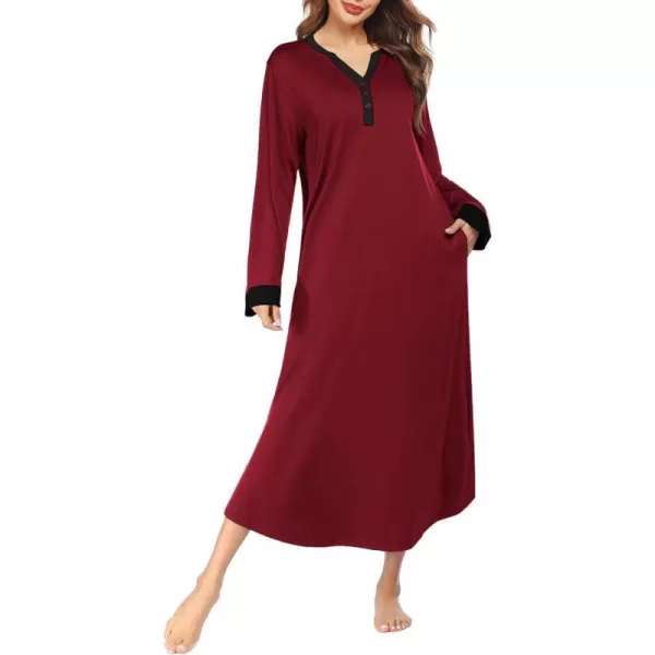 Ekouaer Womens Nightgown Long Loungewear V Neck Nightshirt Sleepwear Full Length Sleepshirt with PocketsAwine Red