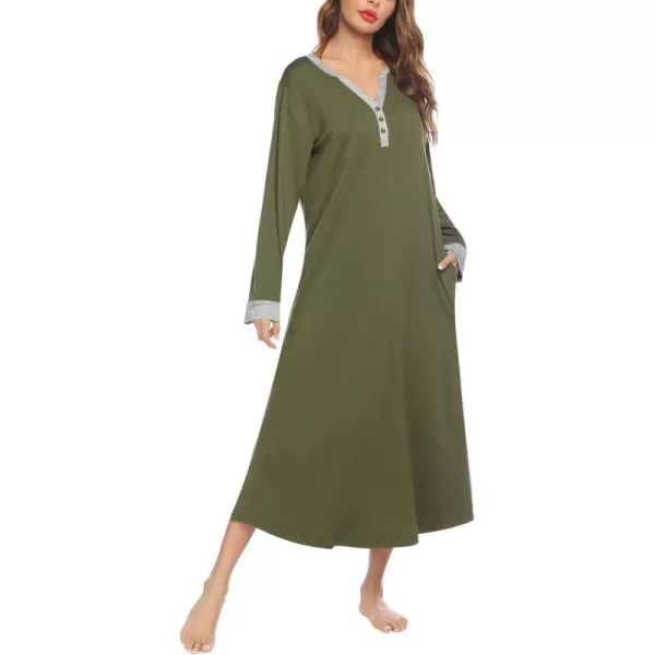 Ekouaer Womens Nightgown Long Loungewear V Neck Nightshirt Sleepwear Full Length Sleepshirt with PocketsBarmy Green