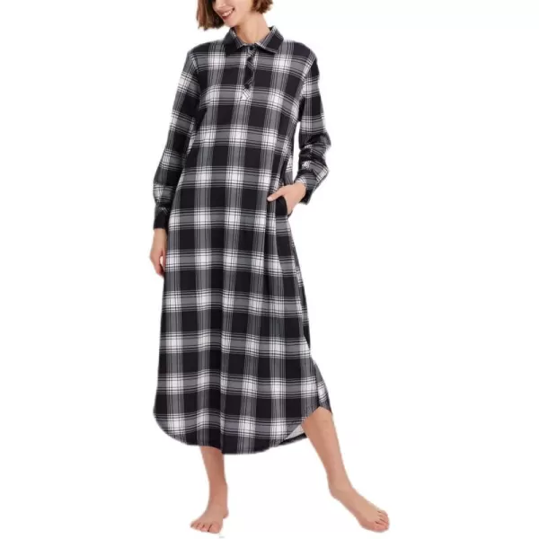 Ekouaer Womens Nightgown Long Sleeve Nightshirt Full Length Loungewear Plaid Sleepwear With PocketsBlack White Plaid