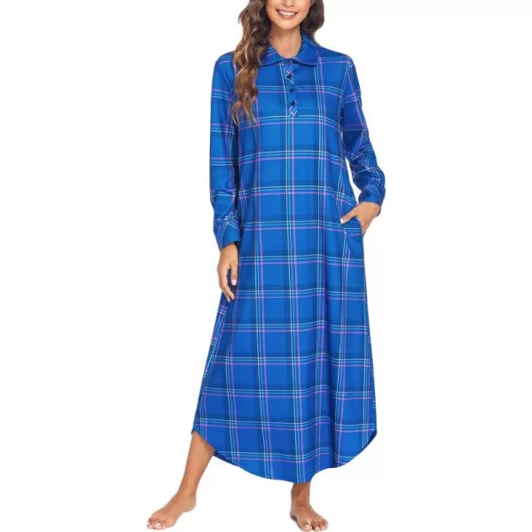 Ekouaer Womens Nightgown Long Sleeve Nightshirt Full Length Loungewear Plaid Sleepwear With PocketsLong Sleeveblue Plaid