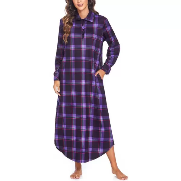 Ekouaer Womens Nightgown Long Sleeve Nightshirt Full Length Loungewear Plaid Sleepwear With PocketsLong Sleevepurple Plaid