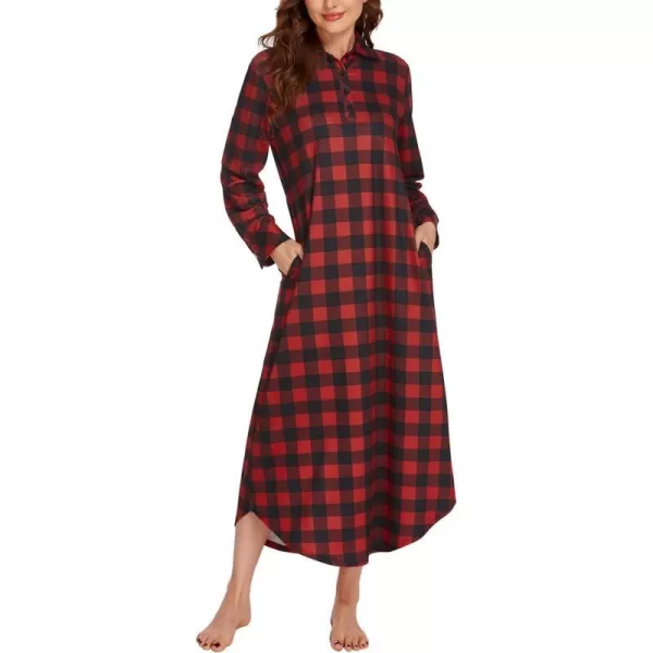 Ekouaer Womens Nightgown Long Sleeve Nightshirt Full Length Loungewear Plaid Sleepwear With PocketsLong Sleevered Plaid