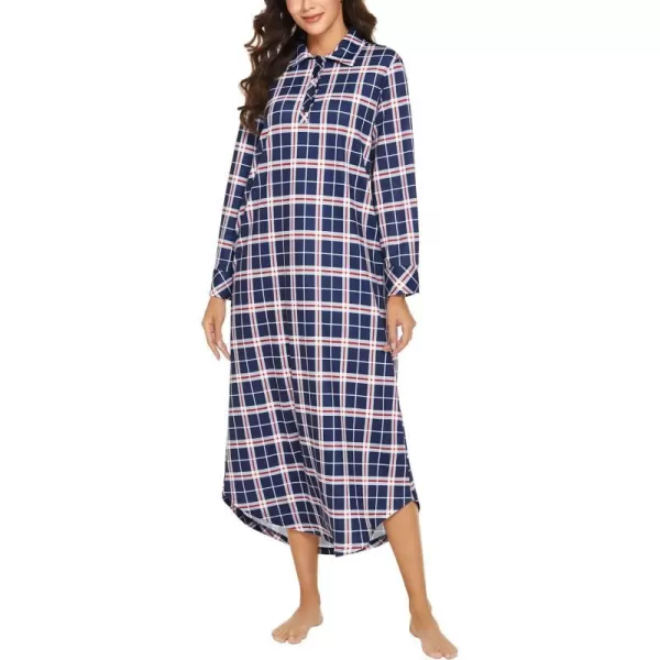 Ekouaer Womens Nightgown Long Sleeve Nightshirt Full Length Loungewear Plaid Sleepwear With PocketsNavy Blue